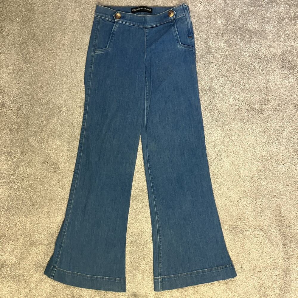 Express Womens Wide Leg Mid Rise Flare Jeans Medium Wash Size 0 1970s Hippie